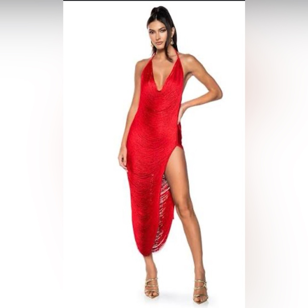 AKIRA Red Backless Fringe Maxi Dress